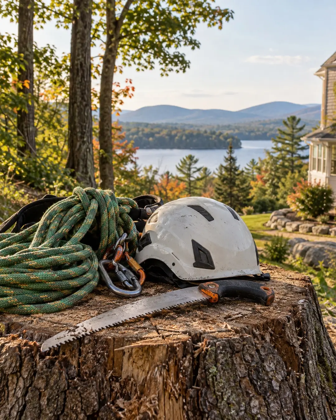 Arborist rope, helmet, and handsaw resting on a New Hampshire stump