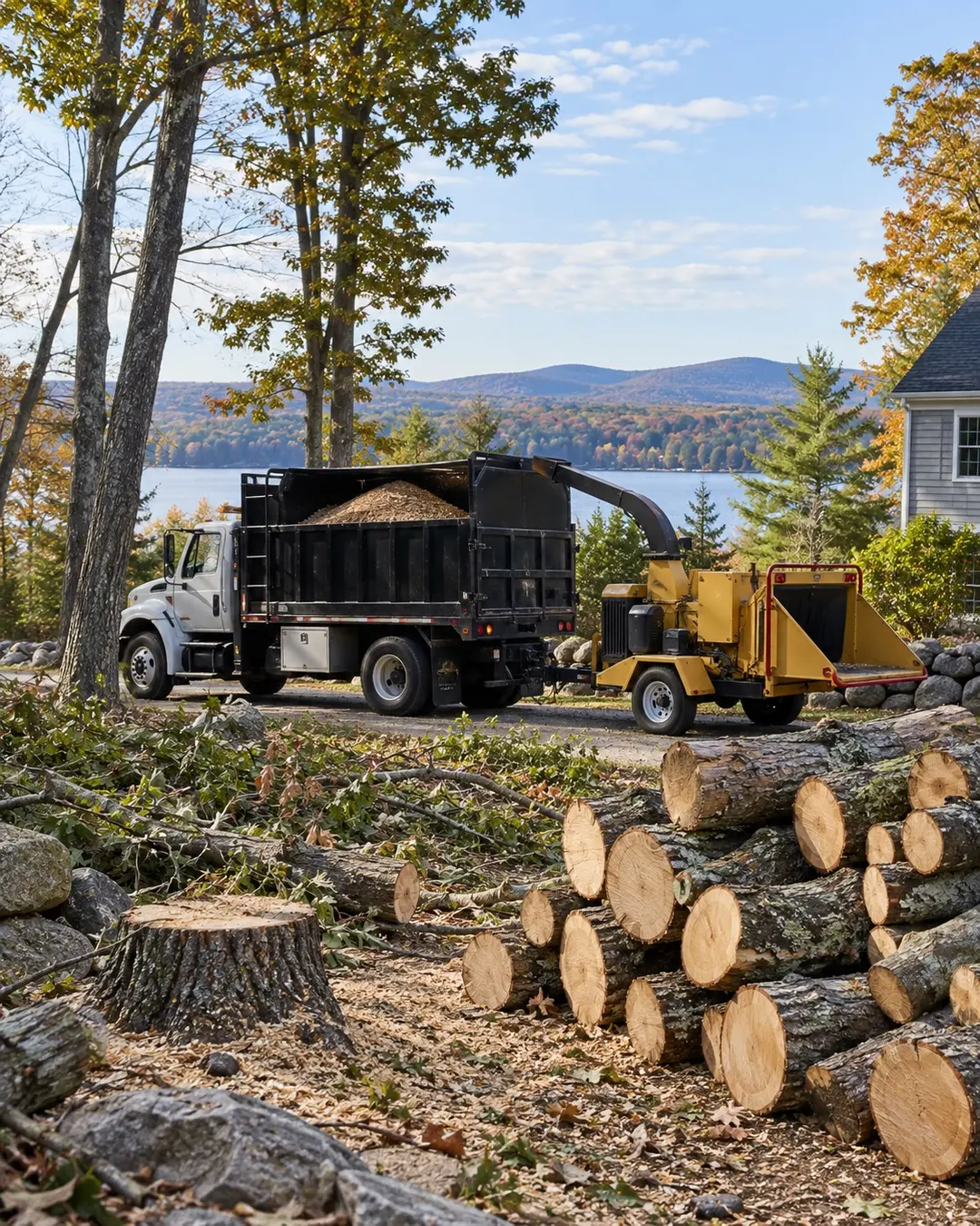 Unbranded tree-care truck, chipper, and stacked wood at a New Hampshire work site