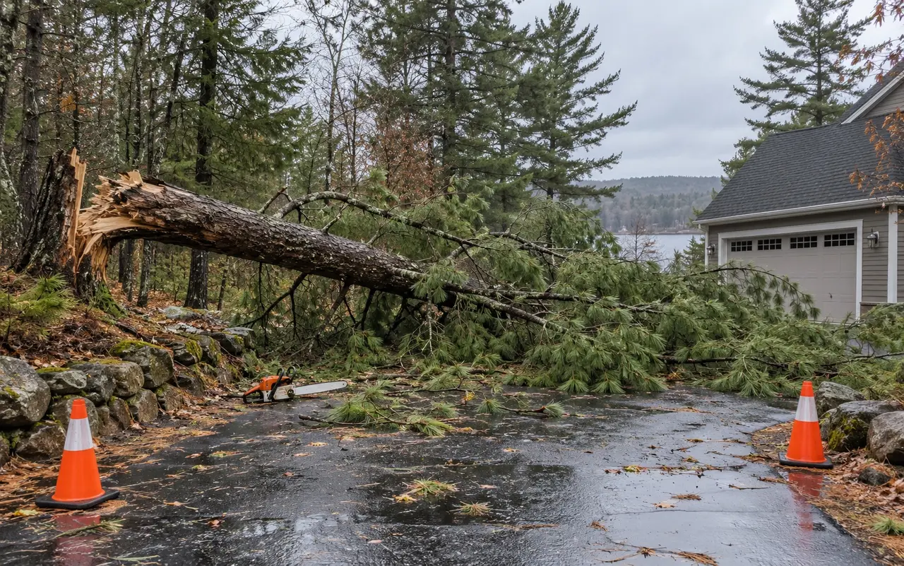 Storm-damaged pine blocking a residential driveway after rain