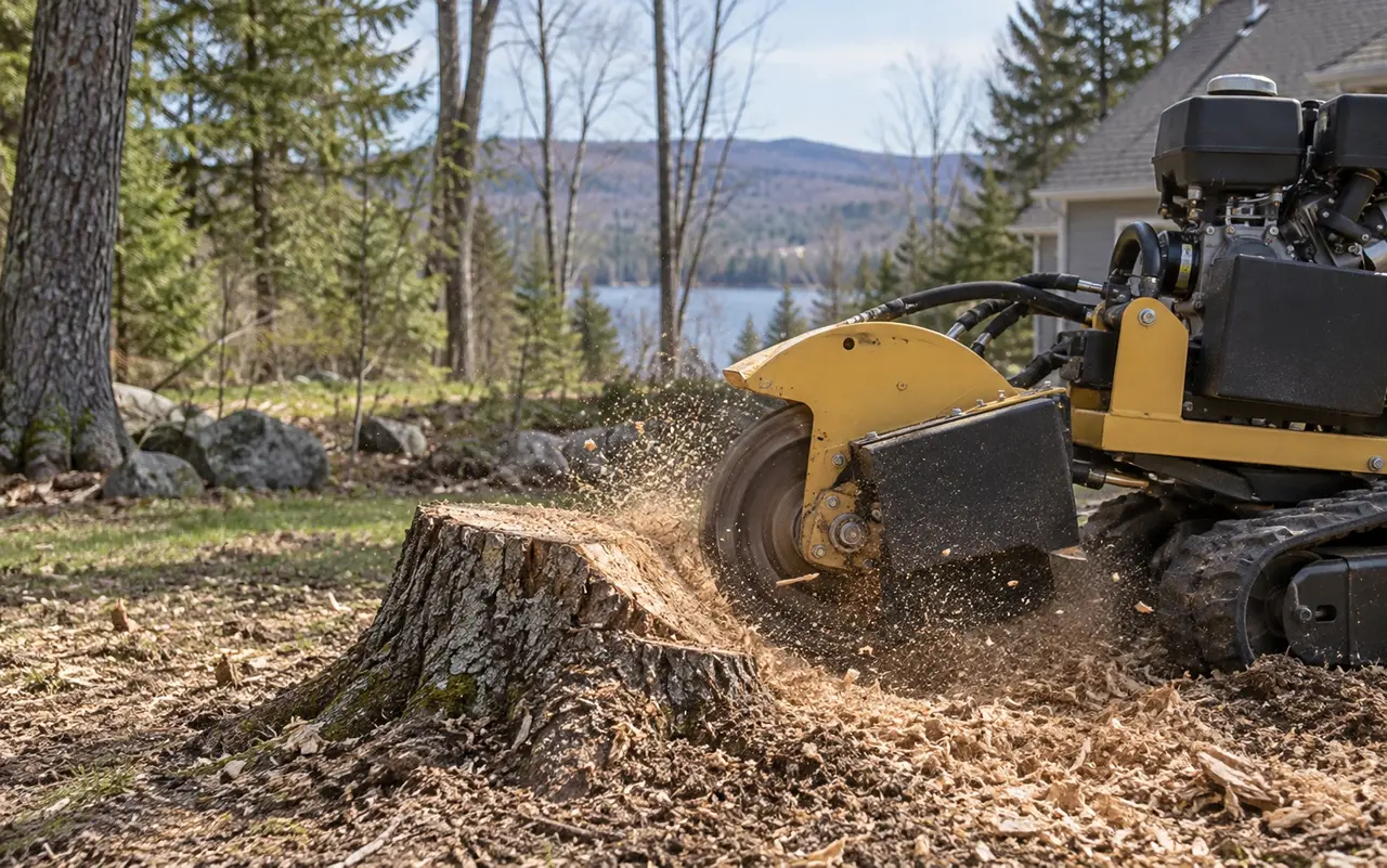 Stump grinder working on a fresh backyard stump