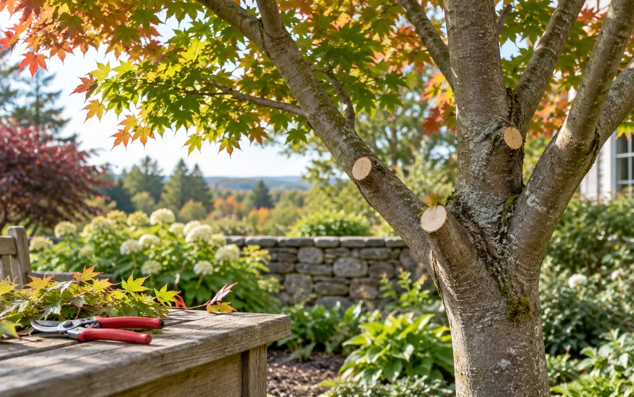Pruning shears and freshly cut branches beside an ornamental maple