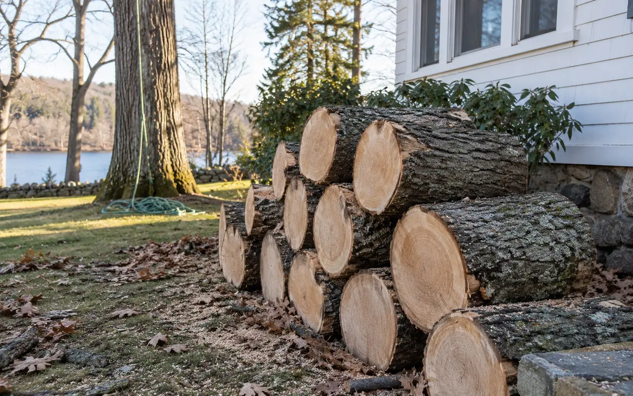 Cut maple trunk rounds stacked beside a New Hampshire home