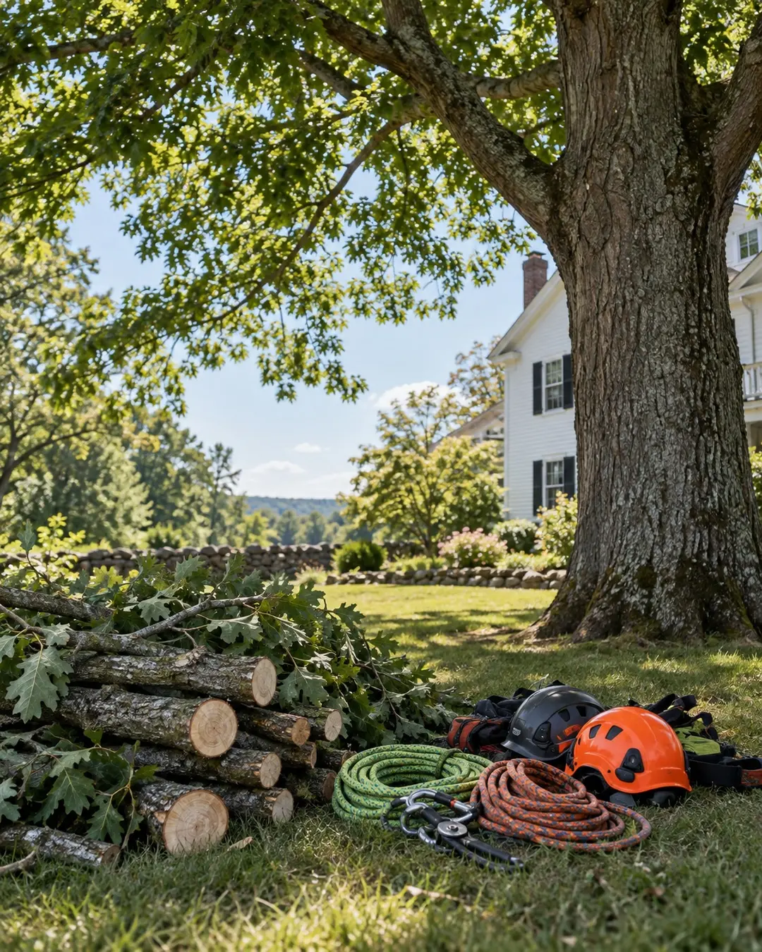 Tree-care ropes, branches, and protective gear beside a New Hampshire home