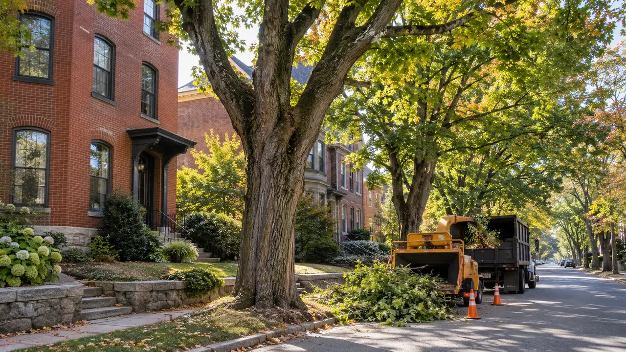 Mature maples near residential homes in Manchester, New Hampshire