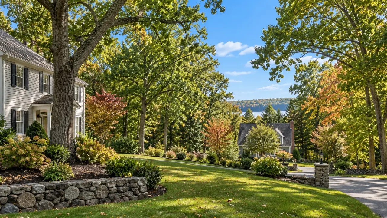Mature trees and homes in a leafy Nashua, New Hampshire neighborhood
