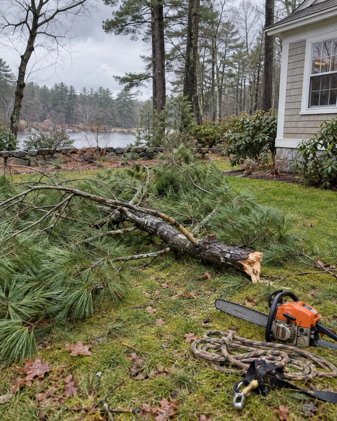 Fallen pine limb and tree-care gear in a wet backyard