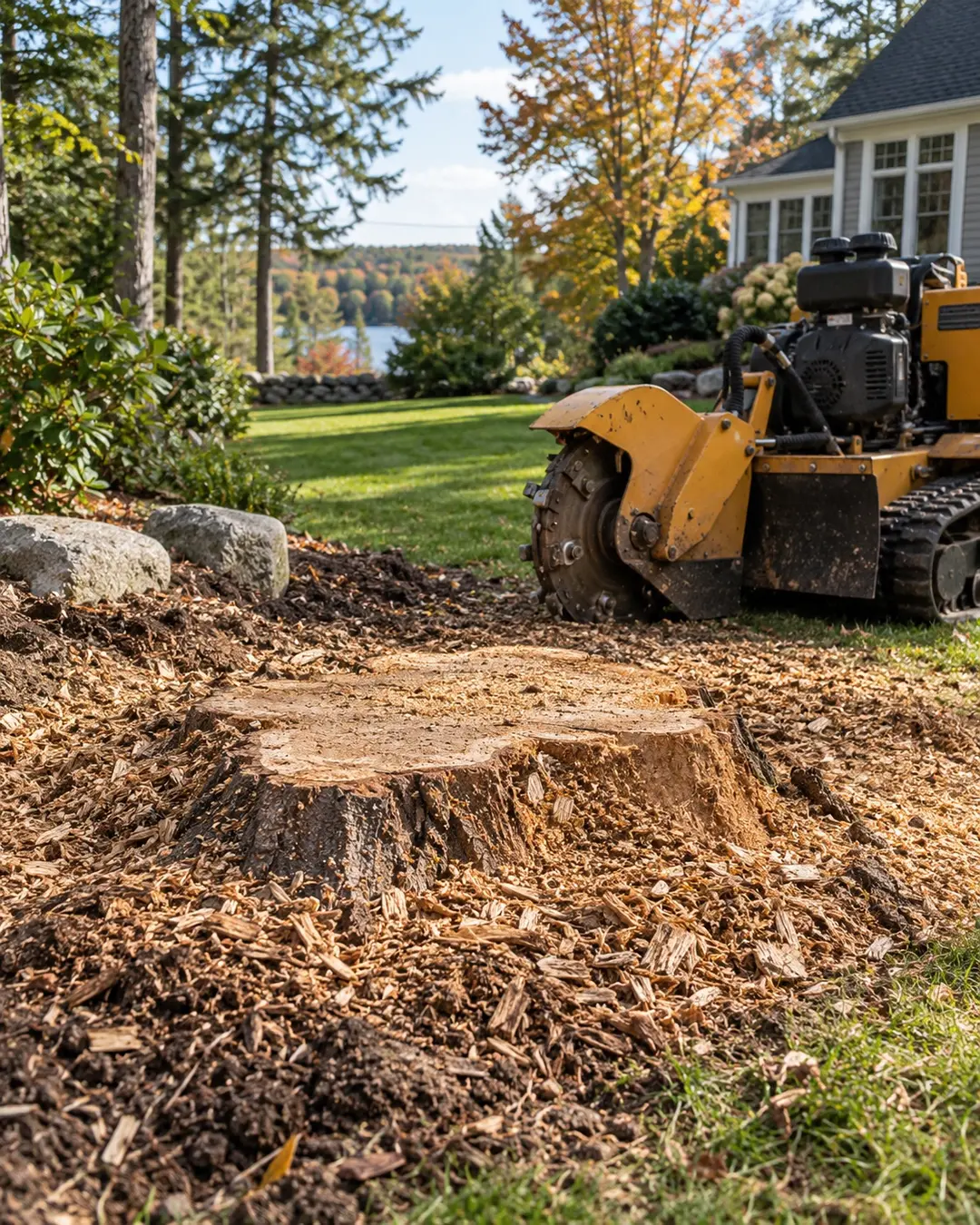 Ground stump and fresh wood chips in a residential yard