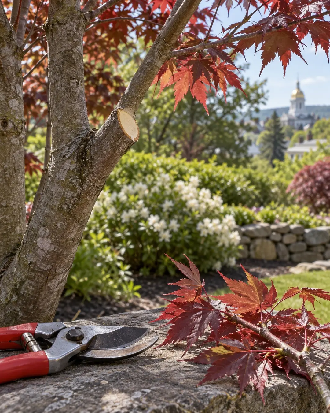 Pruning shears and a freshly cut maple branch in a garden
