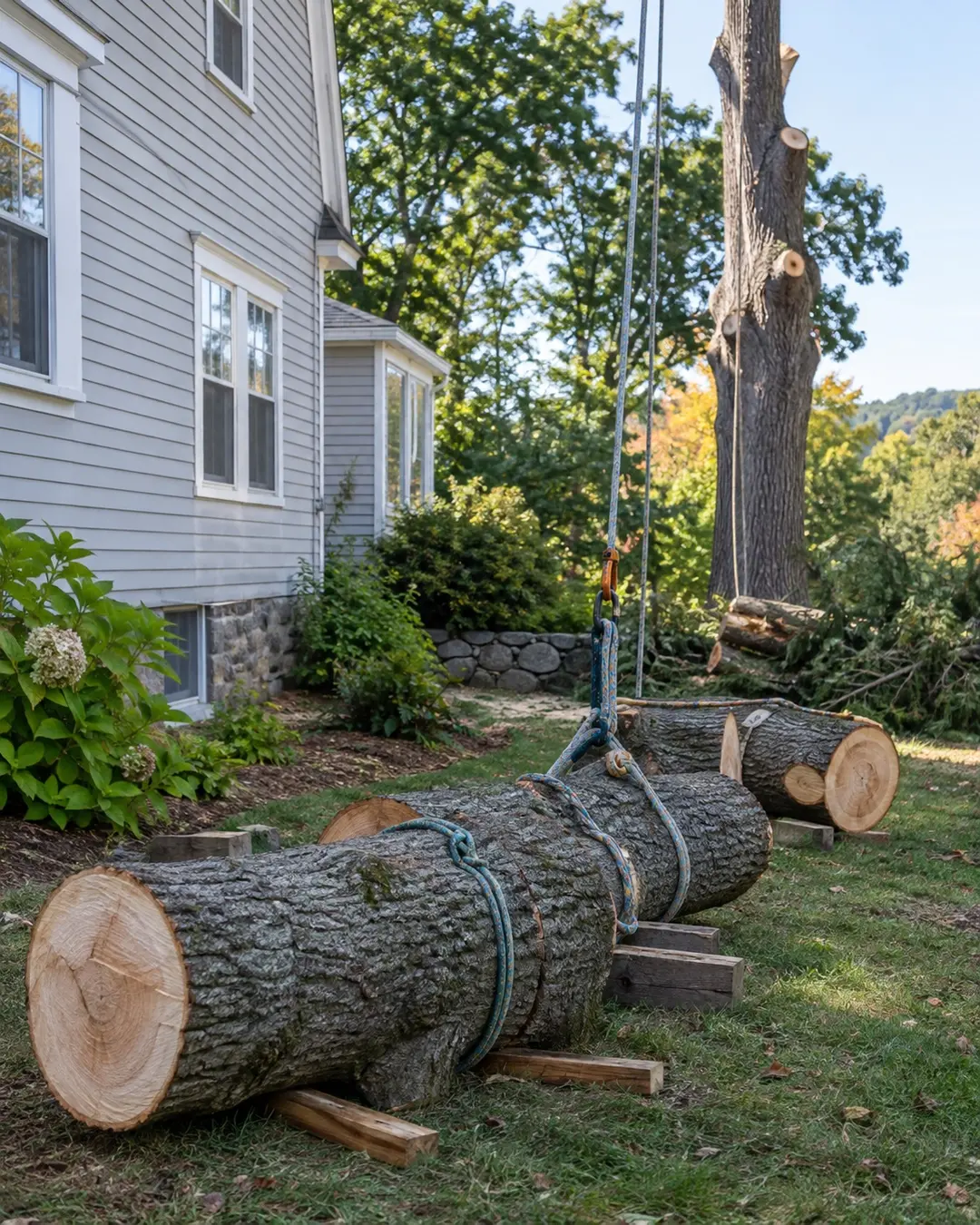 Rigged trunk sections beside a clapboard house during tree removal