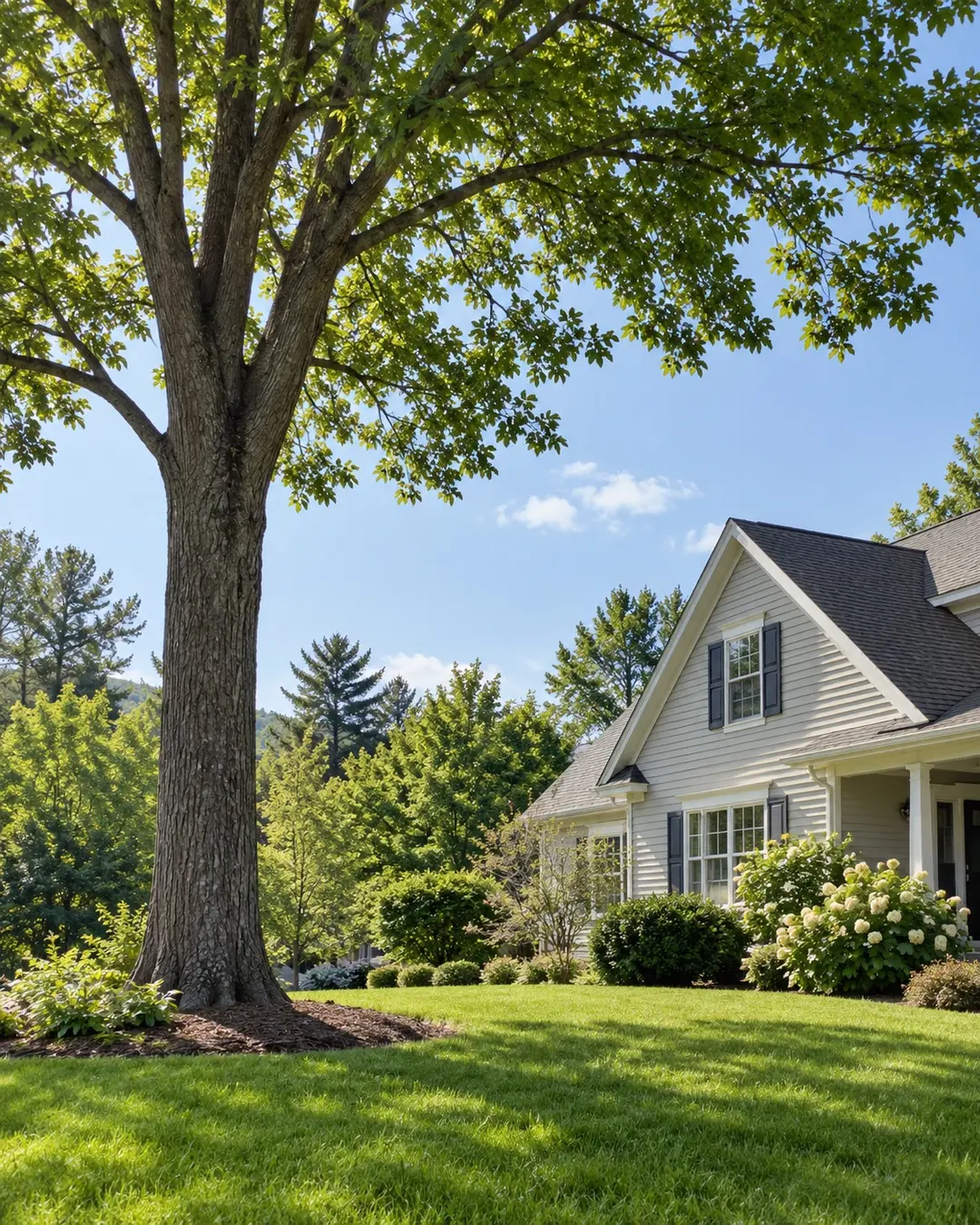Tree canopy trimmed clear of a roof above a green lawn