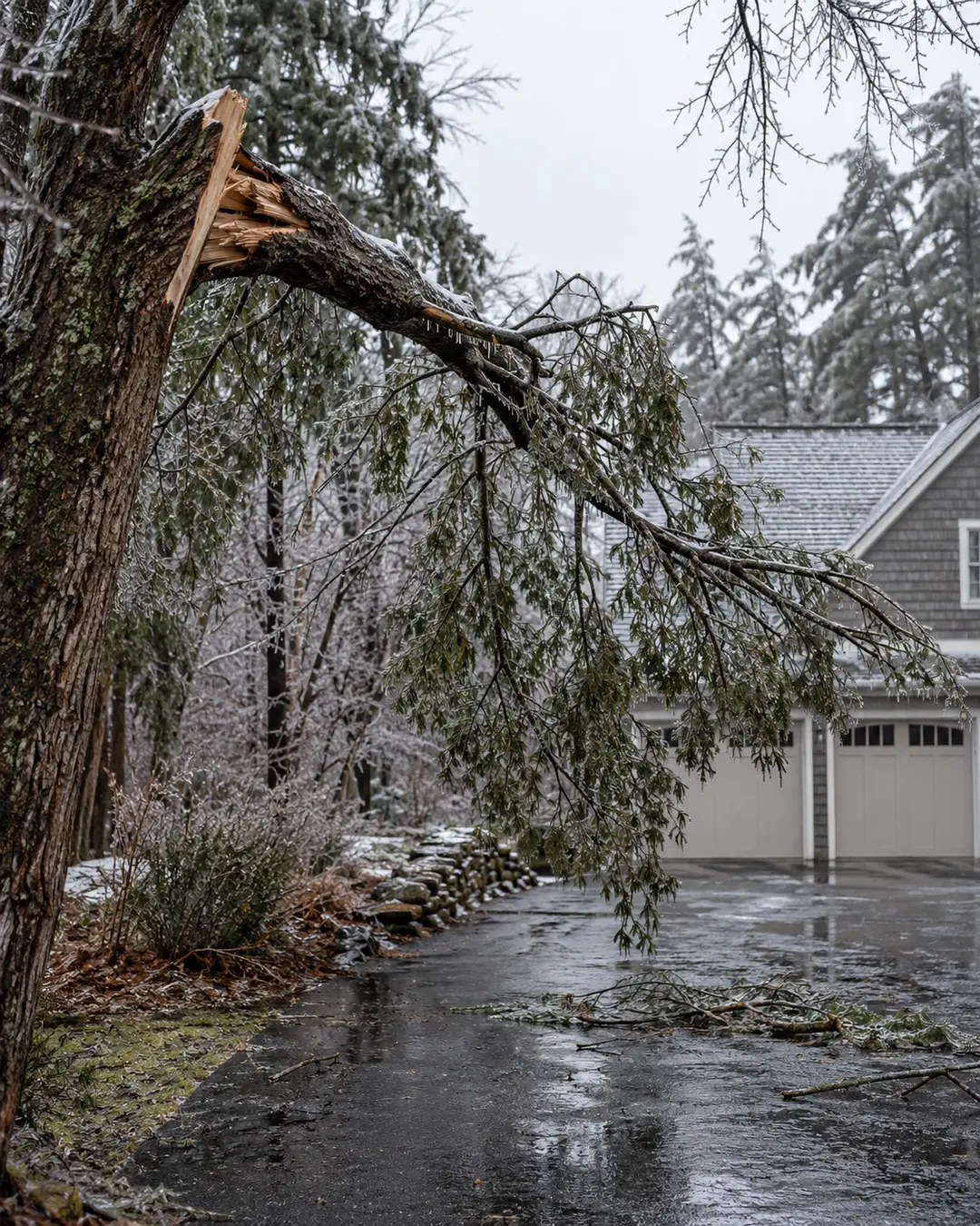 Storm-broken limb hanging over a wet driveway