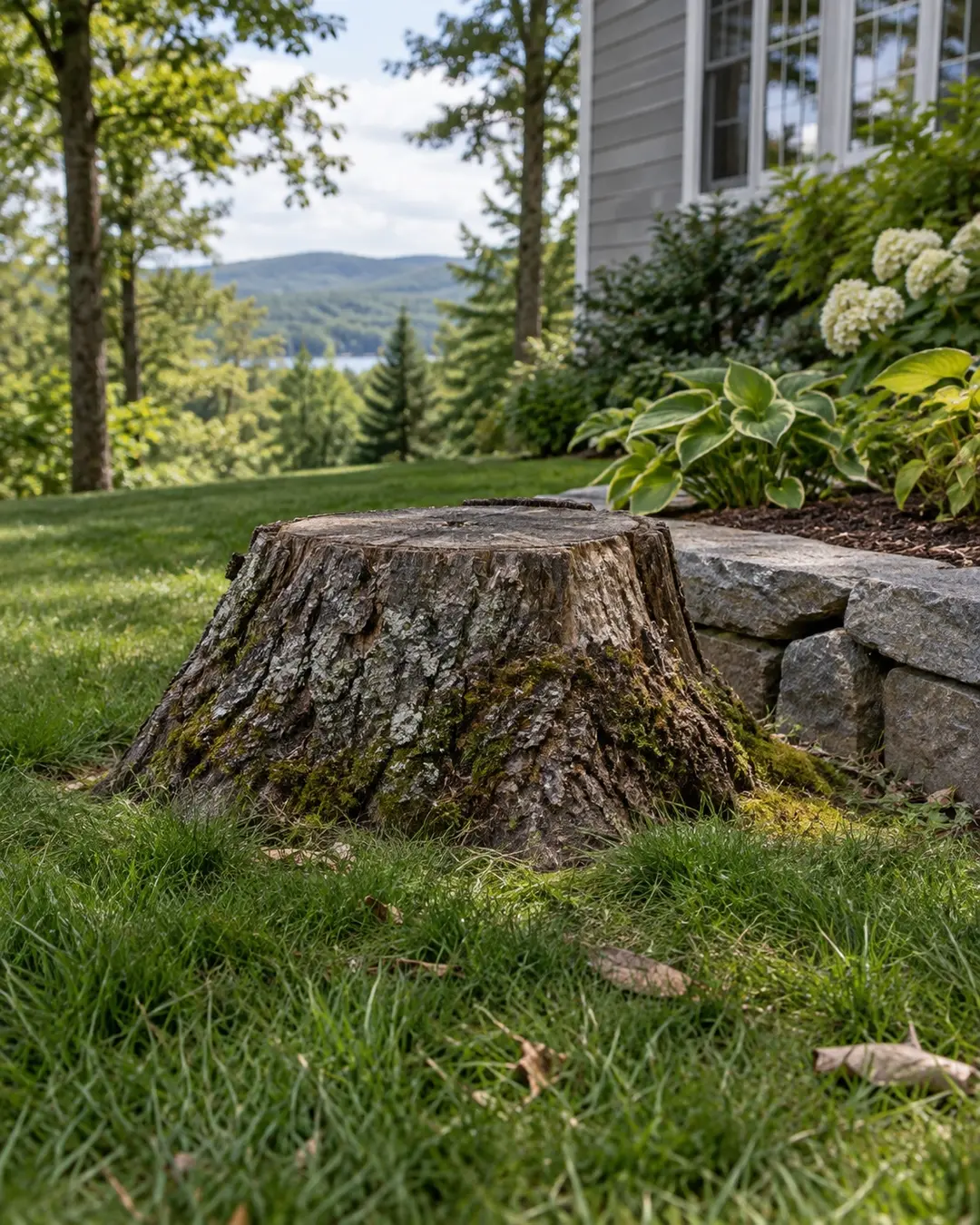 Old tree stump raised above a lawn beside stone edging