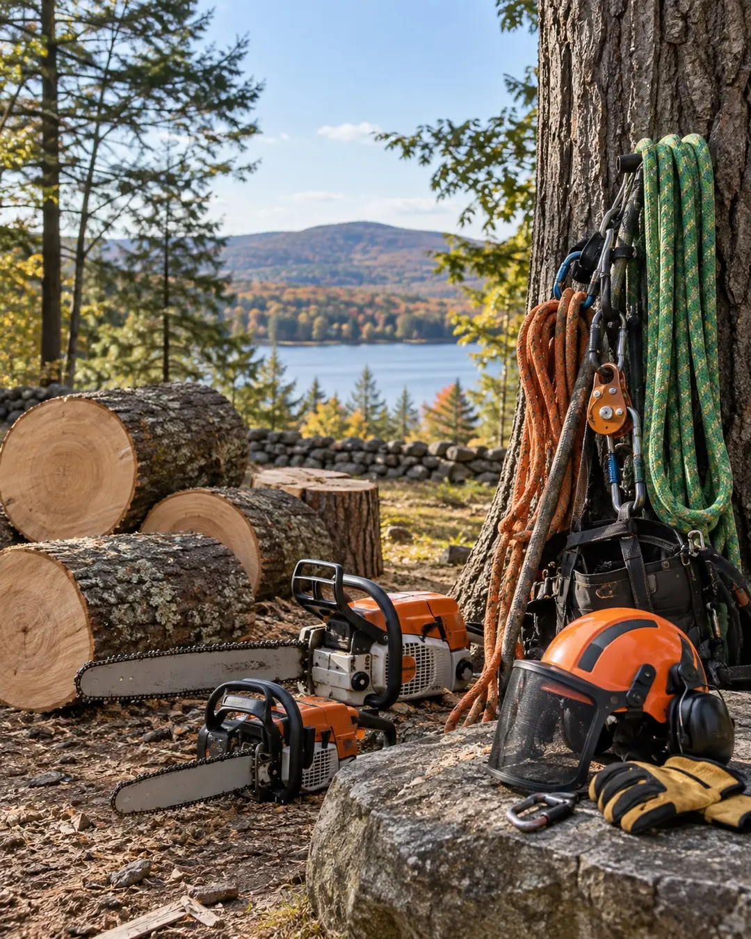 Tree-care ropes and tools arranged at a New Hampshire job site